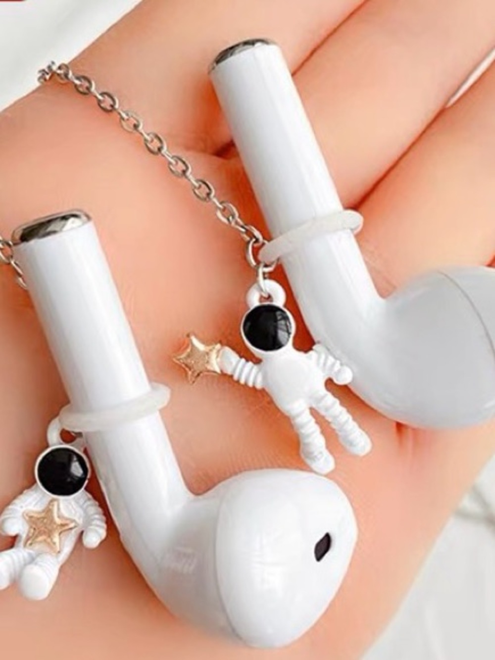 White Earbud Charms with Tiny Astronaut Star Dangles